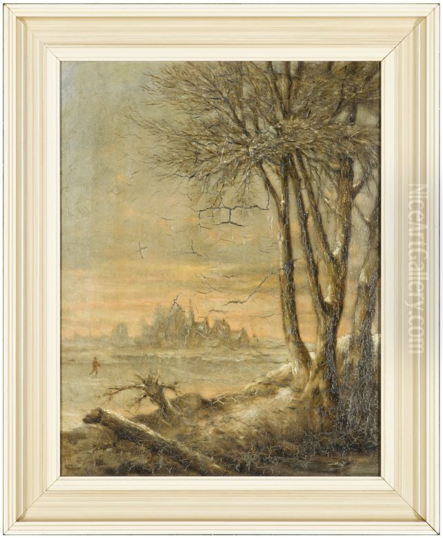 Winters landschap met op de achtergrond een stad Oil Painting by Albert Martin