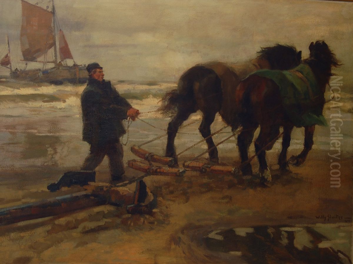 Working Horses on the Beach Oil Painting by Jan Willem Sluiter