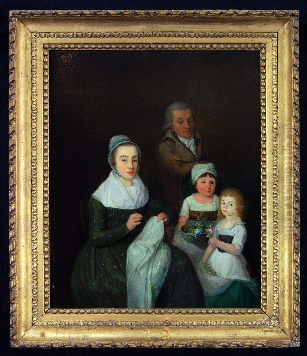 Familiegroep voorstellende de heer Matthijs van der Koog, met zijn beide dochtertjes en zijn schoonzuster Oil Painting by Johann Baptist Scheffer
