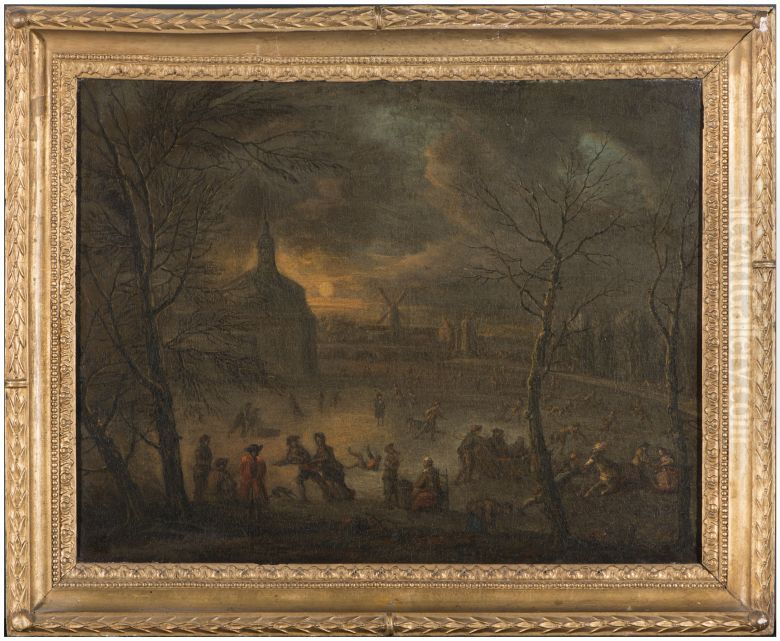 Landschap bij maanlicht in de winter Oil Painting by Justus van Huysum