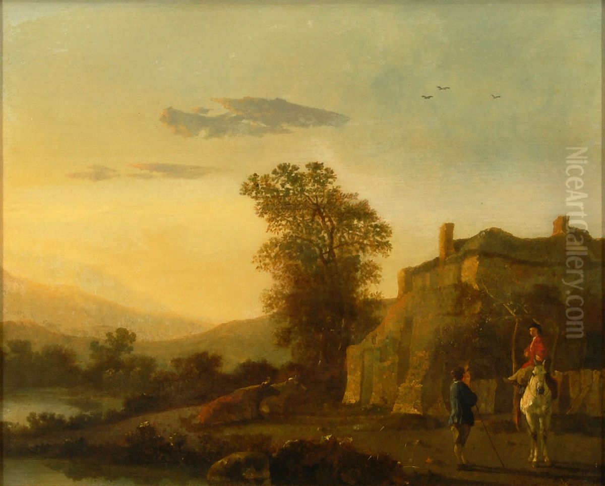 Landscape with Rider in the Evening Light Oil Painting by Abraham Van Calraet