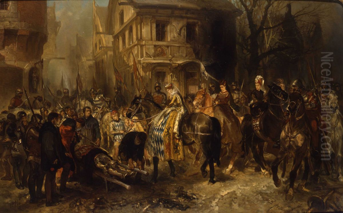 Jacoba van Beieren, het veroverde Gorkum binnentrekkende, ontmoet het lijk van Willem van Arkel Oil Painting by Charles Rochussen