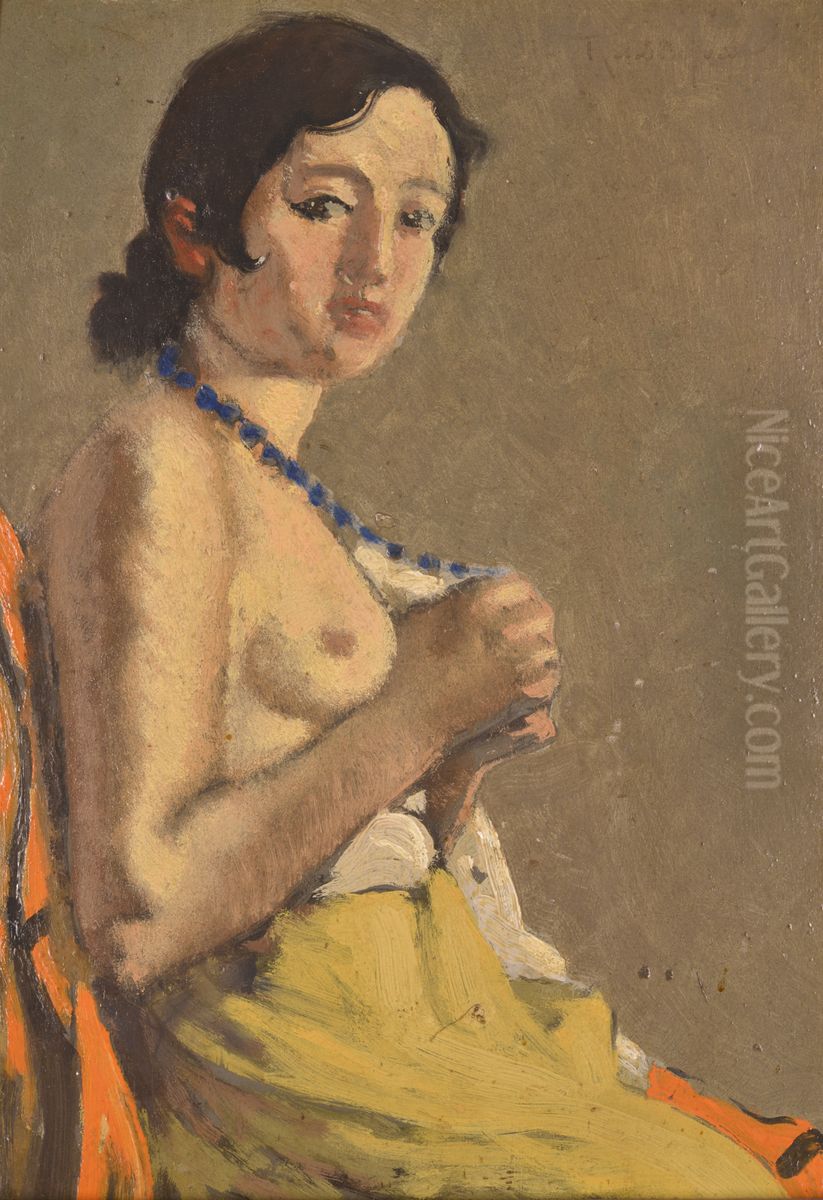 Naaktstudie 'Petite au collier bleu' Oil Painting by Armand Rassenfosse