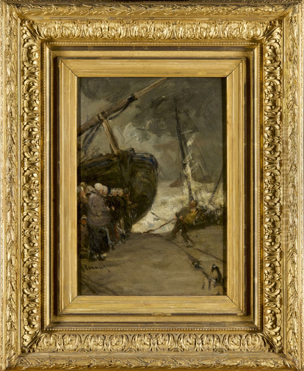 Bomschuit met figuren aan het strand Oil Painting by Bernard Blommers