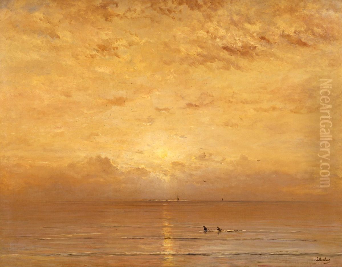 Zonsondergang met garnalenvissers Oil Painting by Hendrik Willem Mesdag