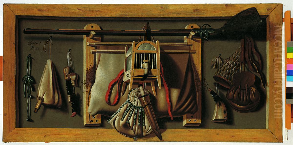 Stilleven met geweer en andere jachtattributen Oil Painting by Johannes Leemans