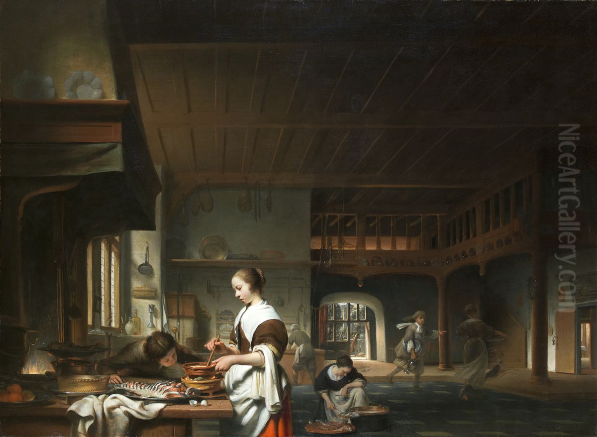 Kitchen interior with a woman cooking Oil Painting by Cornelis Bisschop