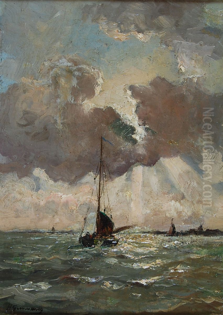 Schuit op de rivier de Merwede met gezicht op Dordrecht Oil Painting by Herman Gunneweg