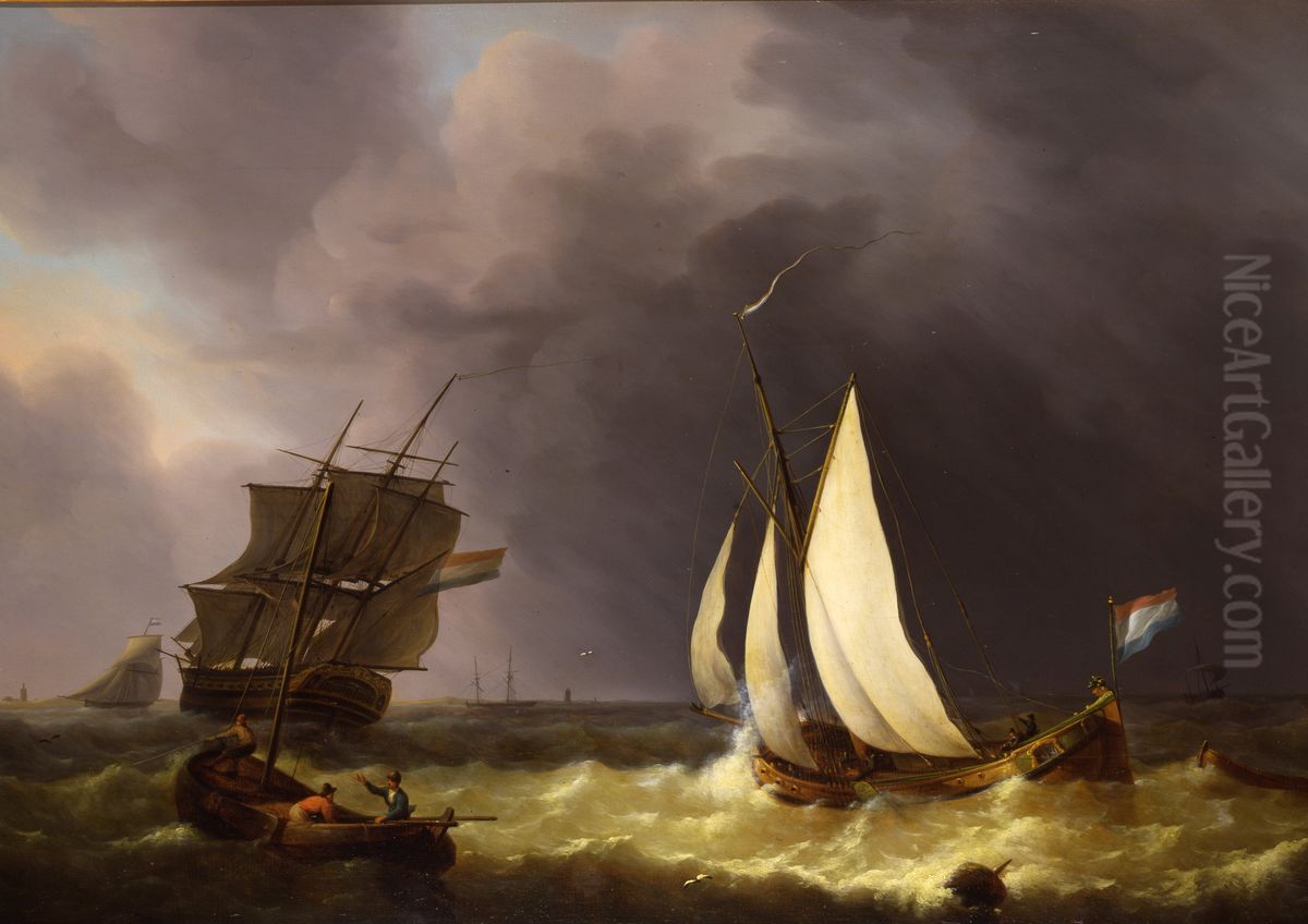 Zeilschepen op het water bij onstuimig weer Oil Painting by Martinus Schouman