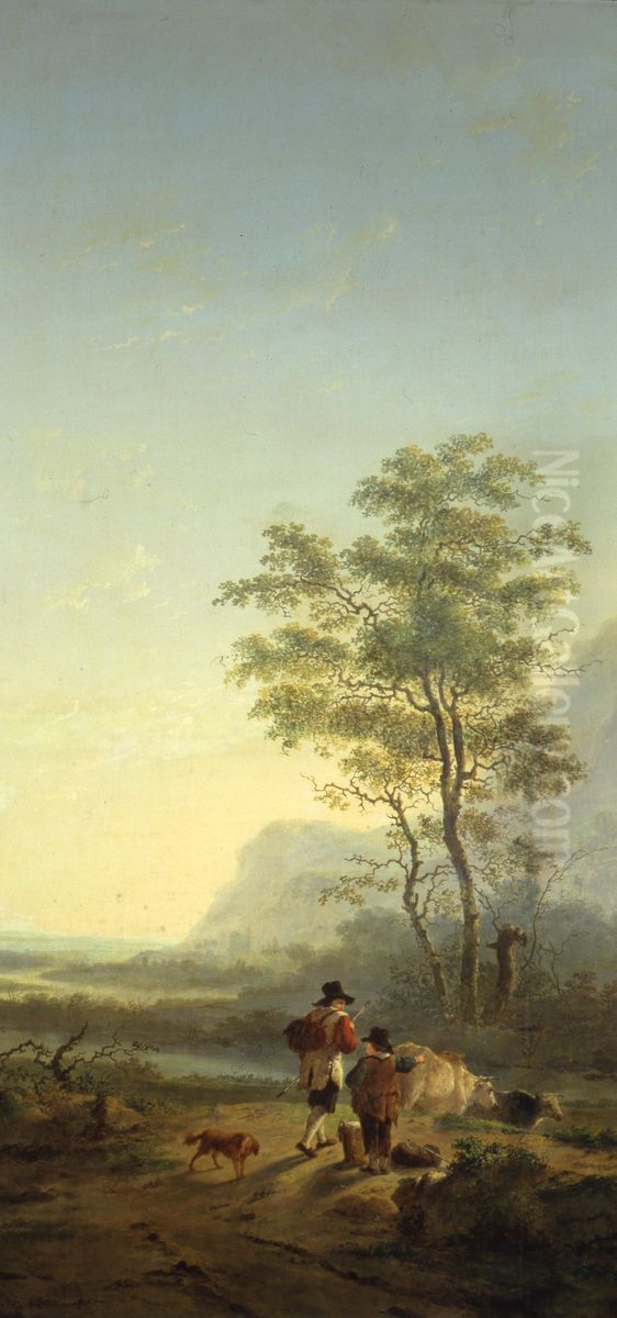 Italianiserend landschap met herder, herdersjongen en koeien Oil Painting by Jacob van Strij