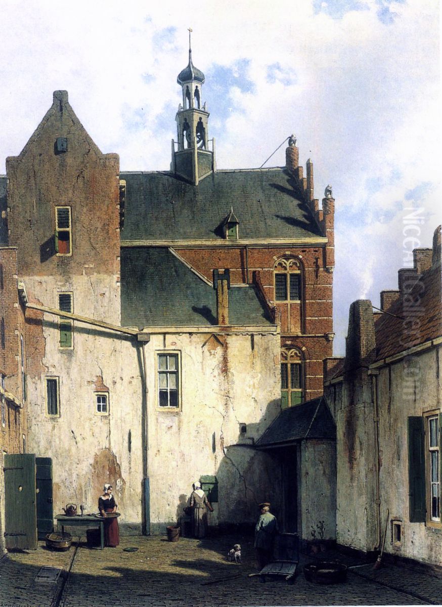 Gezicht in Culemborg, met blik op de westelijke gevel van het stadhuis, genomen in de Wagenweg voor 1860 Oil Painting by Jan Weissenbruch