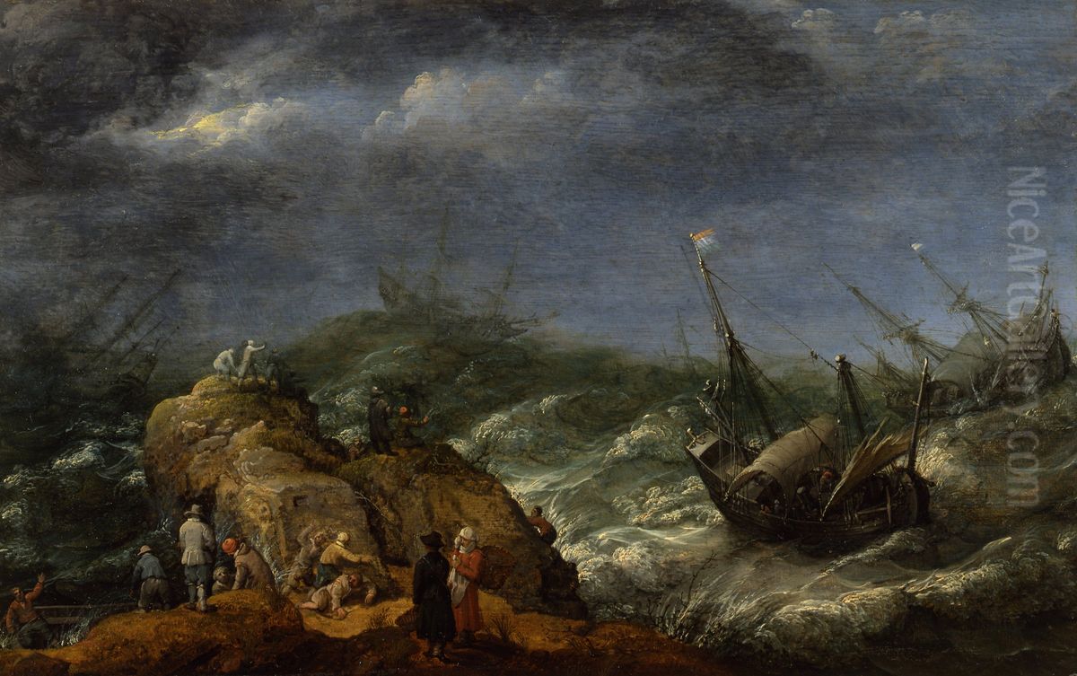 Schipbreuk op rotsen Oil Painting by Adam Willaerts