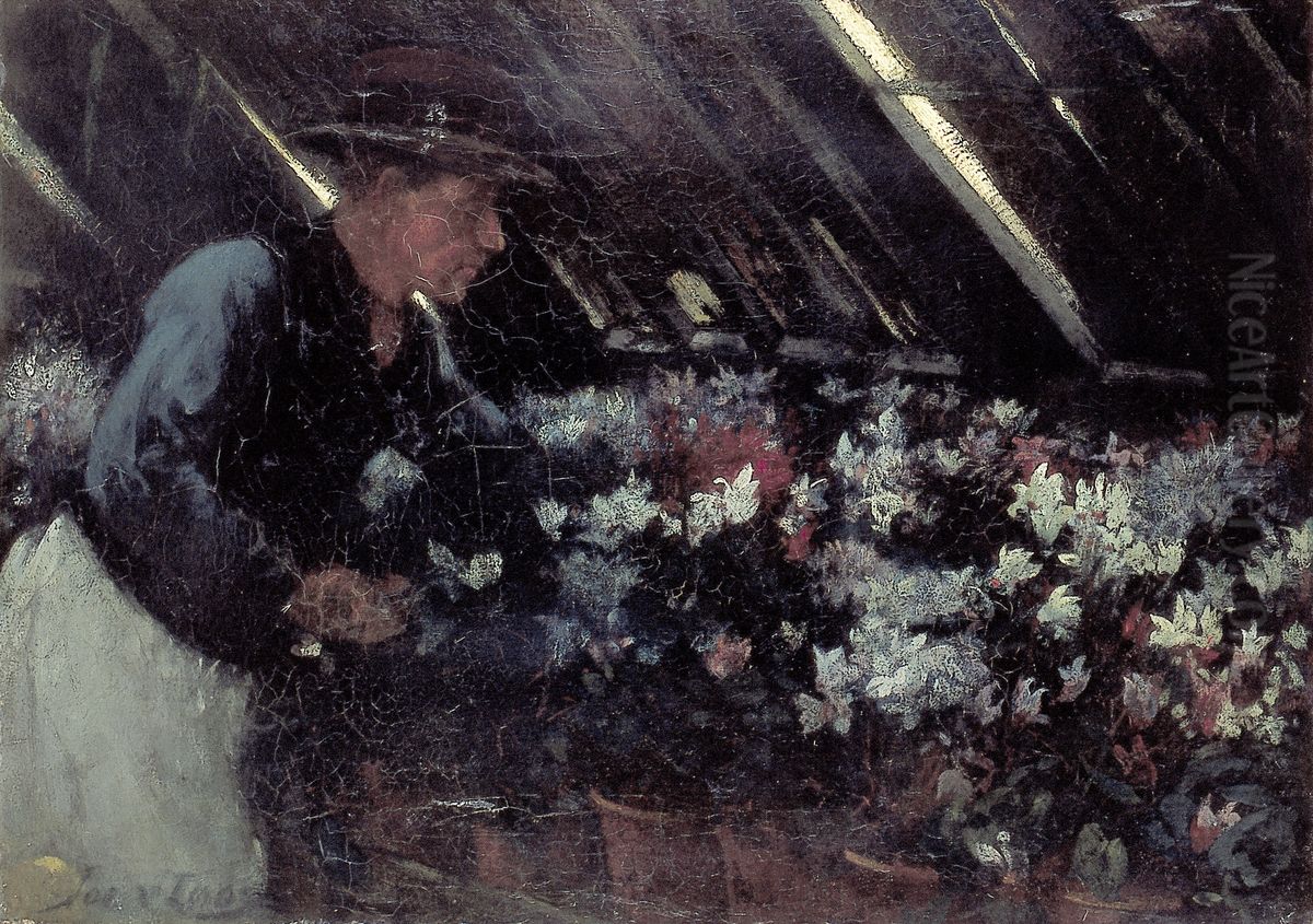Man in the Greenhouse Oil Painting by Jacobus Van Looy
