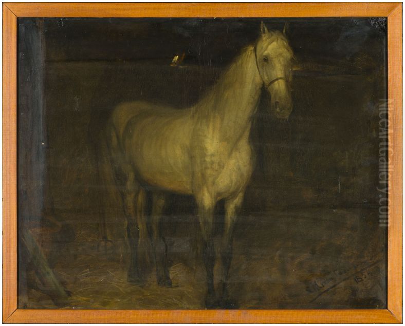 Staand wit paard op stal Oil Painting by Lawrence Alma-Tadema