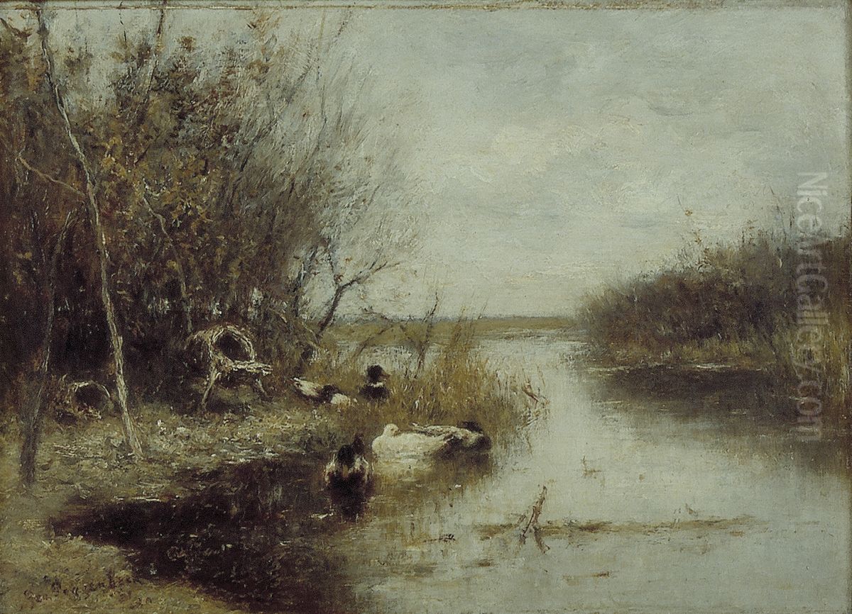 Kreekje met eendjes Oil Painting by Geo Poggenbeek