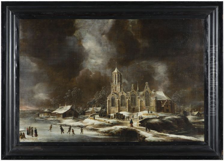 Winterlandschap met de kerk van Amstelveen Oil Painting by Jan Abrahamsz Beerstraaten