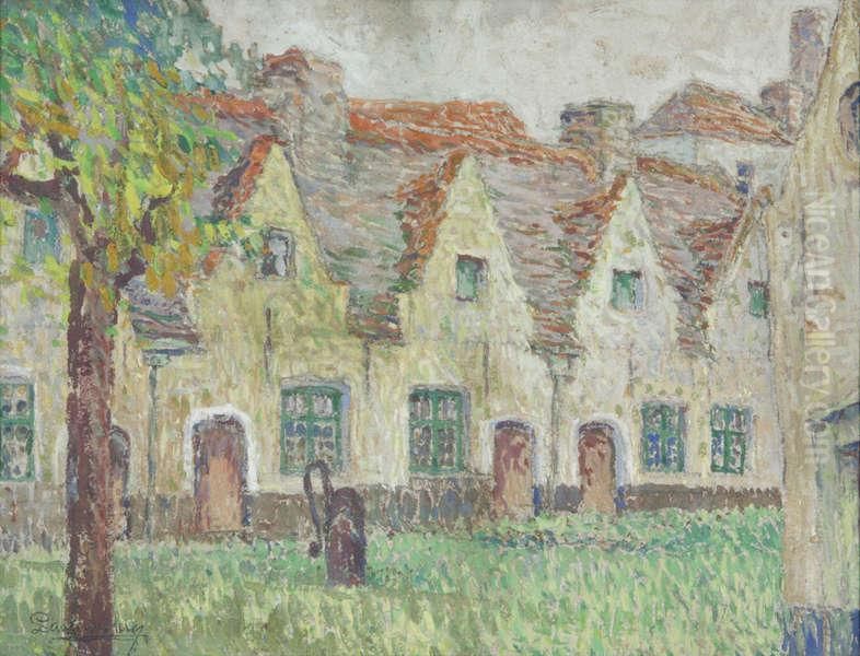 'cour D'hospice Bruges' Aquarel En Pastel Op Karton Oil Painting by Paul Cauchie