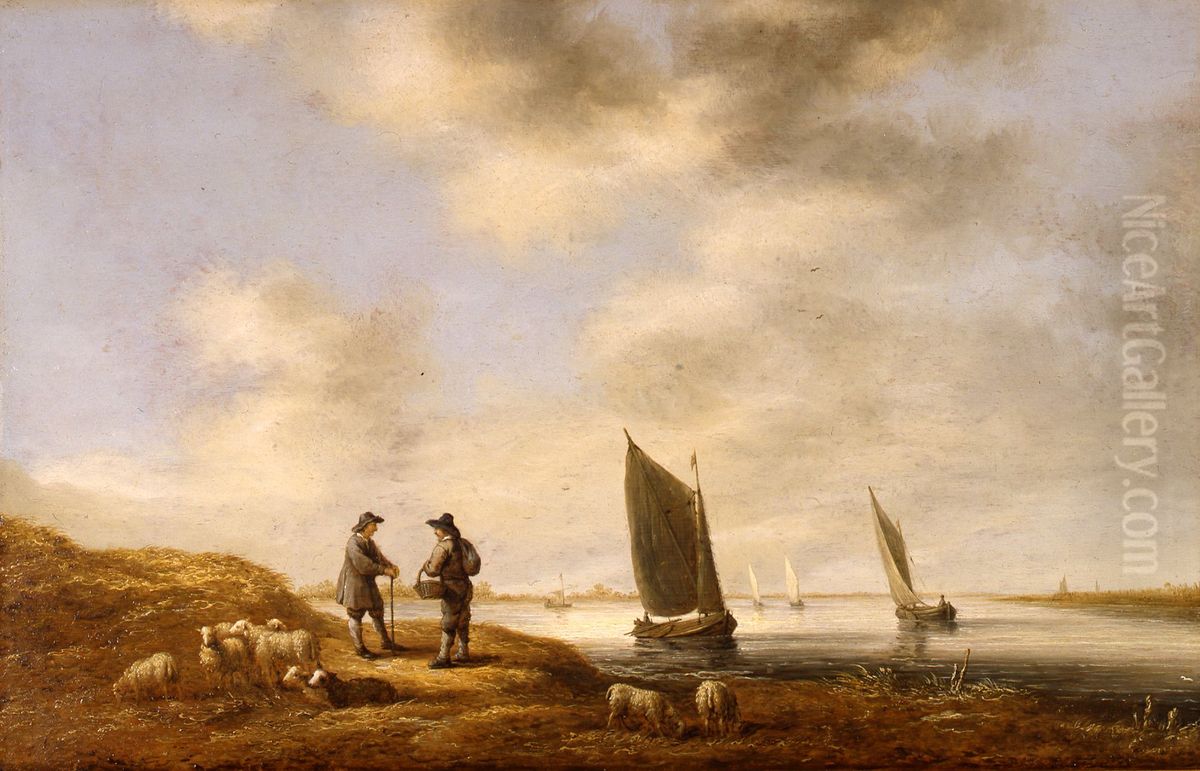 Rivierlandschap met mensen en schapen op de oever Oil Painting by Aelbert Cuyp