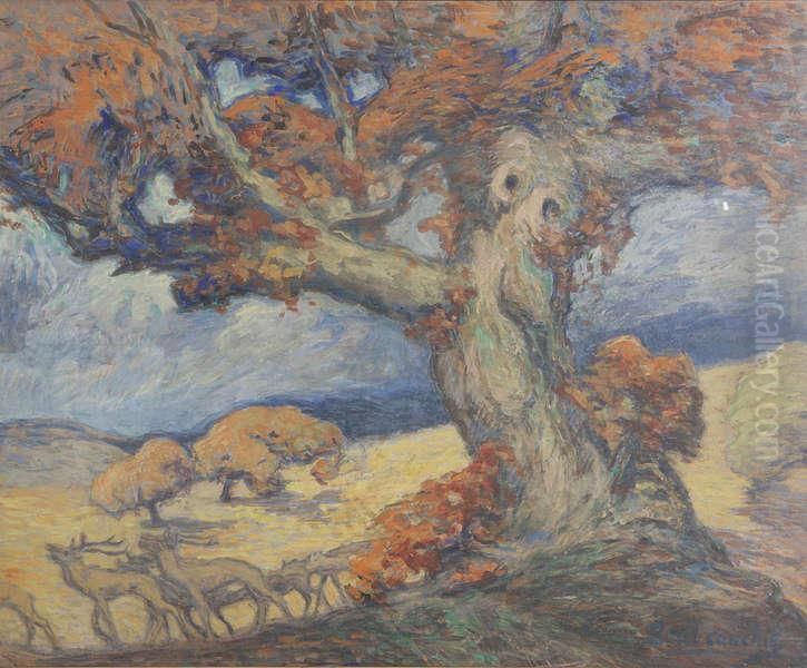 Landschap Met Herten Bij Boom Oil Painting by Paul Cauchie