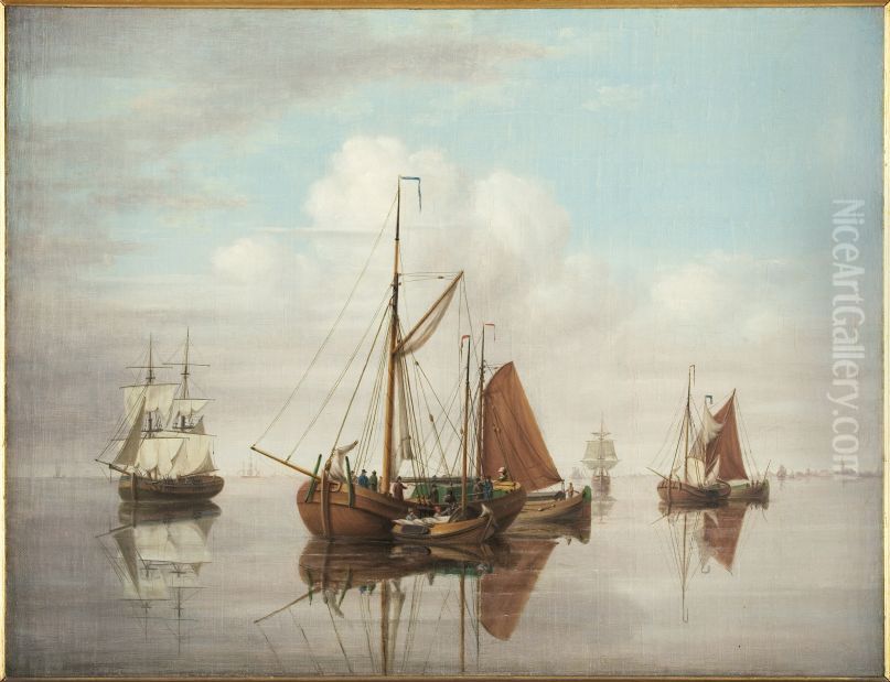 Fries beurtschip waarop enkele personen, kofschip Oil Painting by Dirk Piebes Sjollema