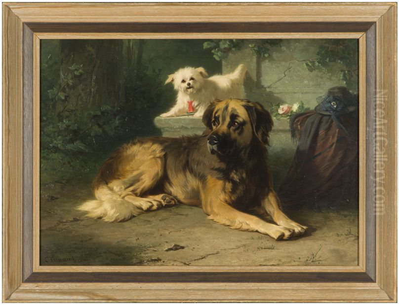 Grote St. Bernard hond liggende in een tuin Oil Painting by Conradijn Cunaeus