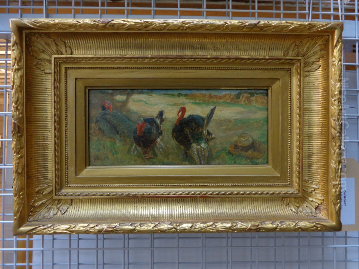 Kalkoenen in een landschap Oil Painting by August Allebe