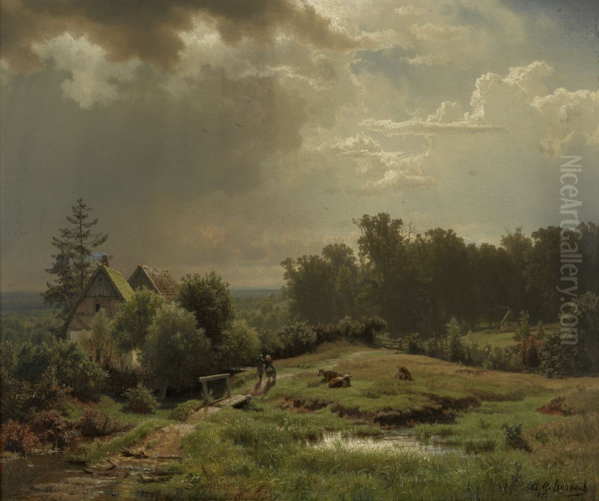 Heuvelachtig landschap met bewolkte lucht Oil Painting by Andreas Achenbach