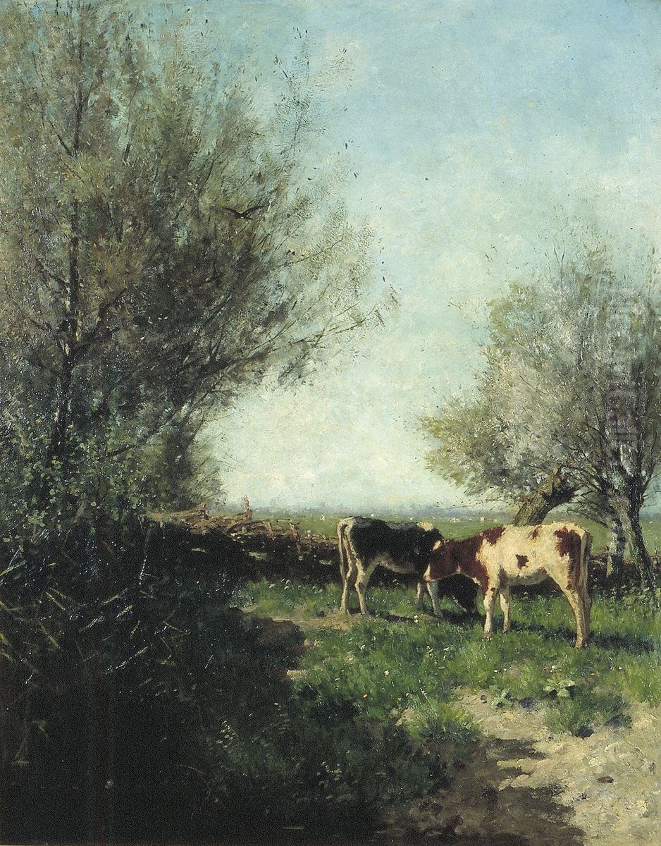 Kalveren in een weide Oil Painting by Geo Poggenbeek