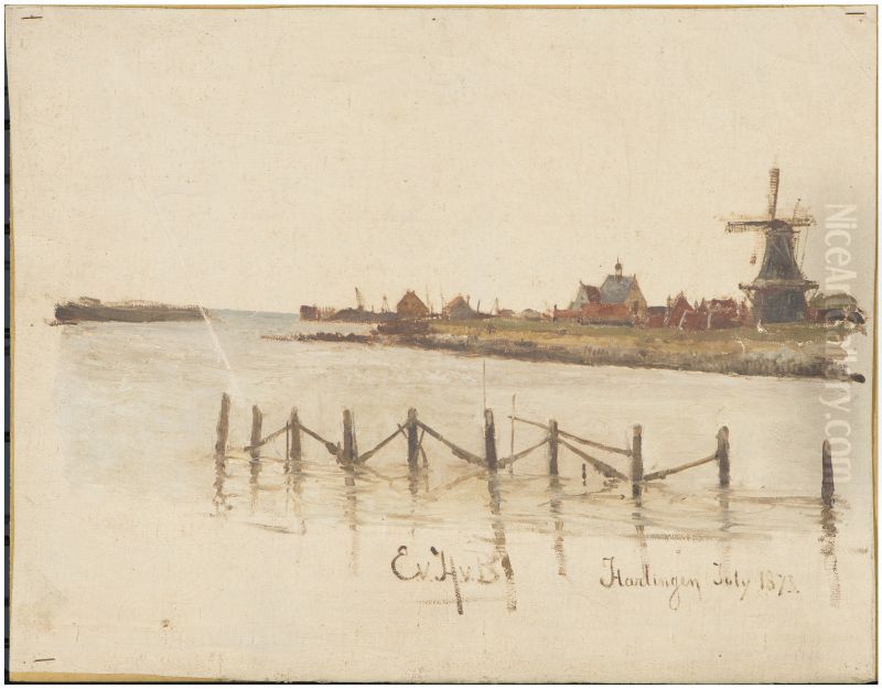 Gezicht op Harlingen vanuit zee Oil Painting by Jacob Eduard Van Heemskerck Van Beest
