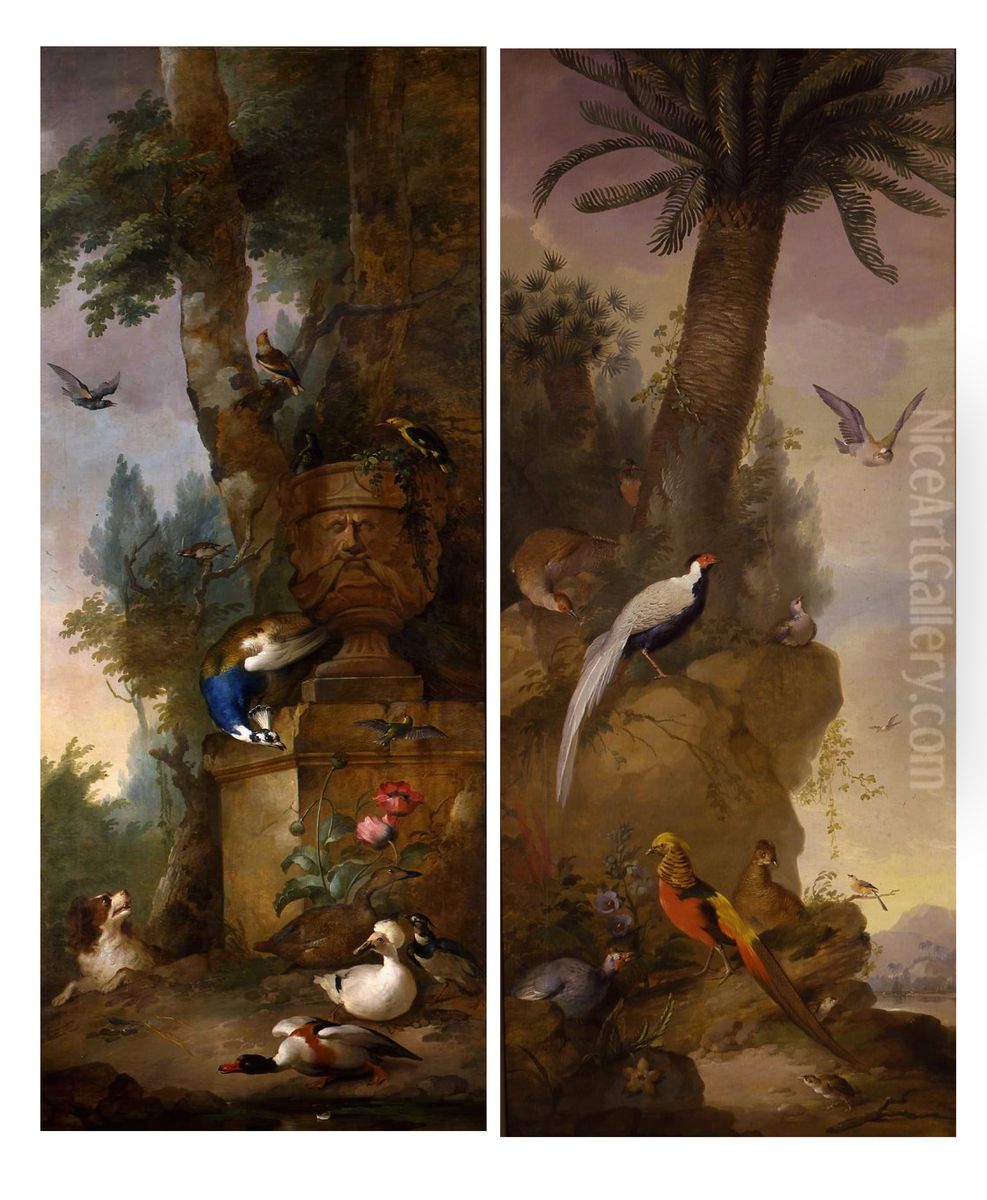 Een pauw en eenden, opgejaagd door een hond, in een parkachtig landschap Oil Painting by Aert Schouman