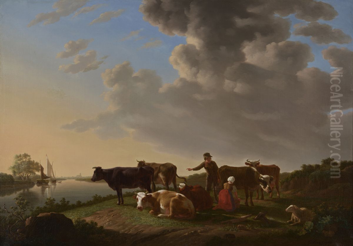 Landschap met koeien aan de bocht van een rivier Oil Painting by Gillis Smak Gregoor