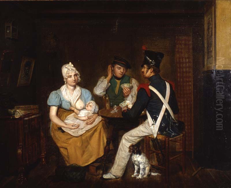 Kamerinterieur met zogende moeder en twee mannen Oil Painting by Tjeert Eernstman
