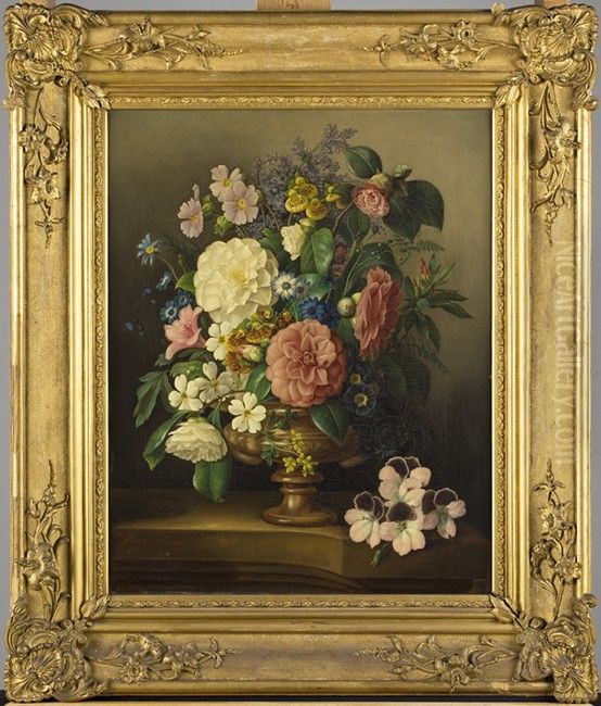Bloemstuk met rozen, pantoffelbloempjes, seringen, viooltjes en andere bloemen Oil Painting by Johan Joeke Gabriel van Wicheren