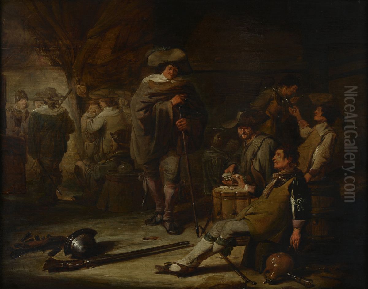 Interieur met drinkende soldaten bij kaartspel Oil Painting by Benjamin Gerritsz Cuyp