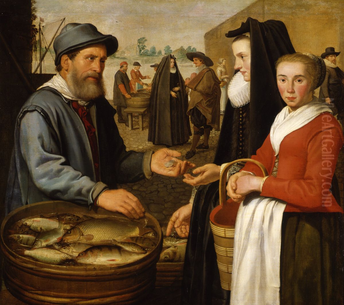 Woman with servant buying fish from a market trader Oil Painting by Jacob Gerritsz. Cuyp