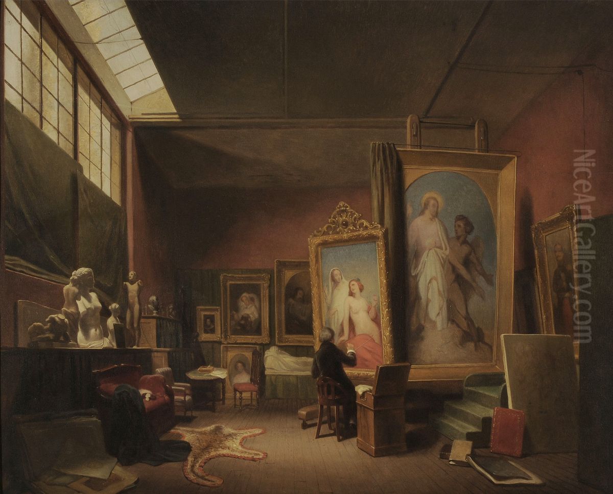 Ary Scheffer werkend in zijn atelier Oil Painting by Ary Johannes Lamme
