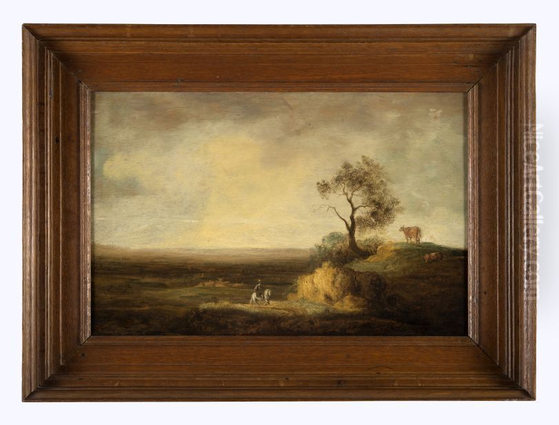 Heuvelachtig landschap met ruiter, op een heuvel koeien bij een boom Oil Painting by Dirck Bleker