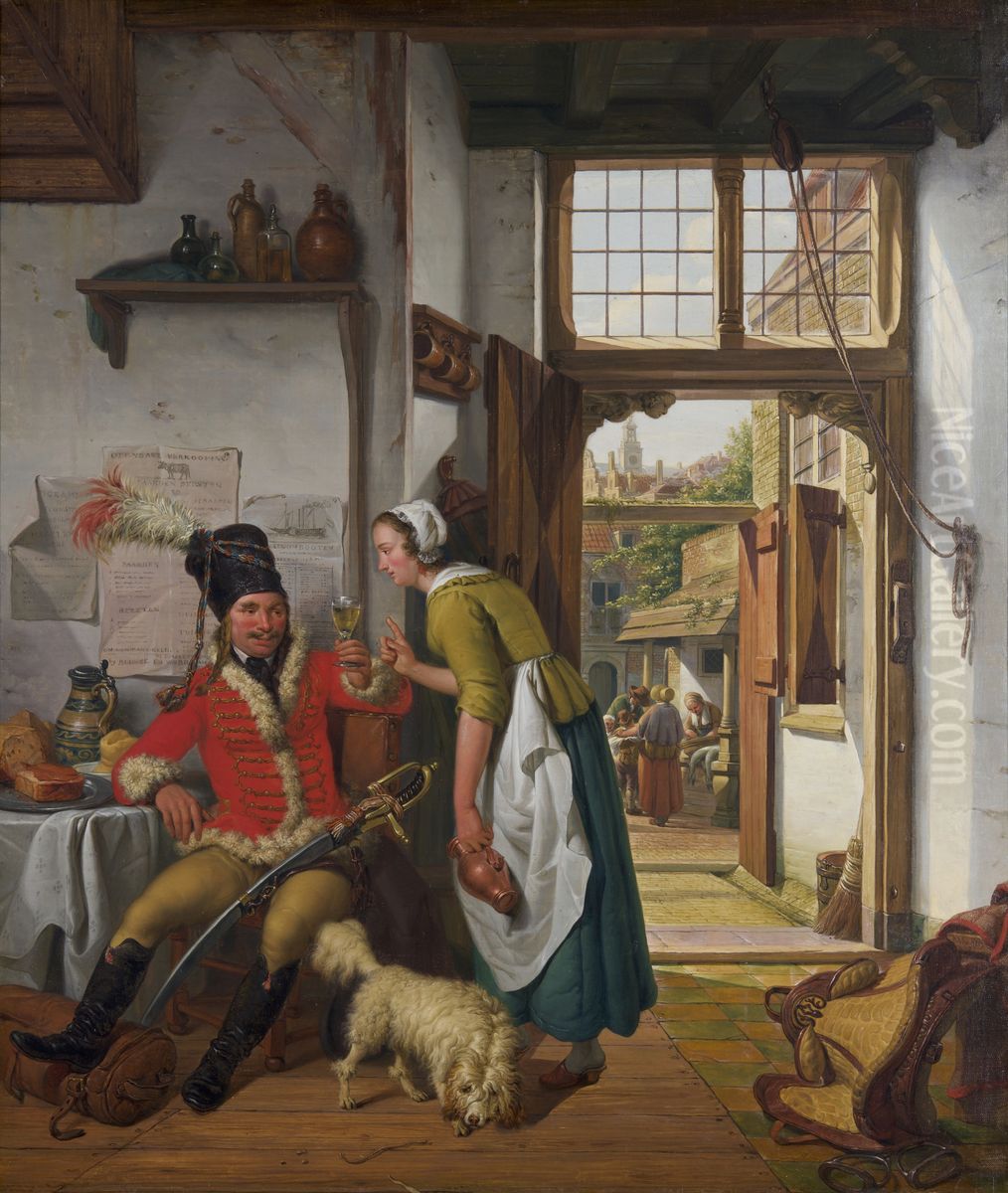 Een soldaat en een dienster in een herberg Oil Painting by Abraham van Strij