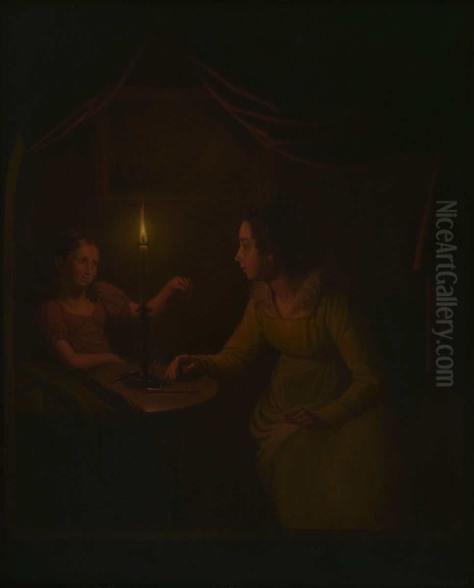 Binnenhuis met moeder en kind bij kaarslicht Oil Painting by Michiel Versteegh