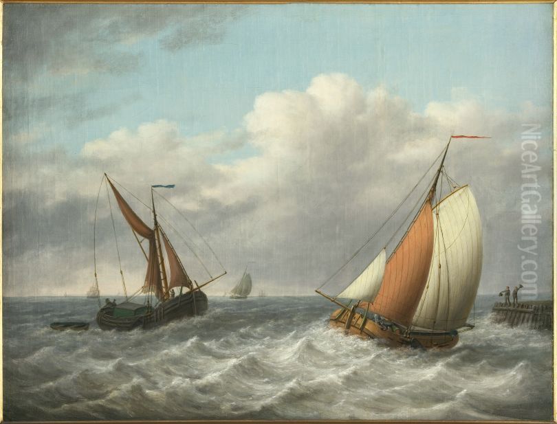 Havenhoofd waarop 2 hoeden-zwaaiende mannen, smak en beurtschip Oil Painting by Dirk Piebes Sjollema