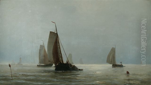Zeegezicht met zeilende tjalken op rus- tig water onder nevelige hemel,tegenlicht Oil Painting by Jacob Eduard Van Heemskerck Van Beest