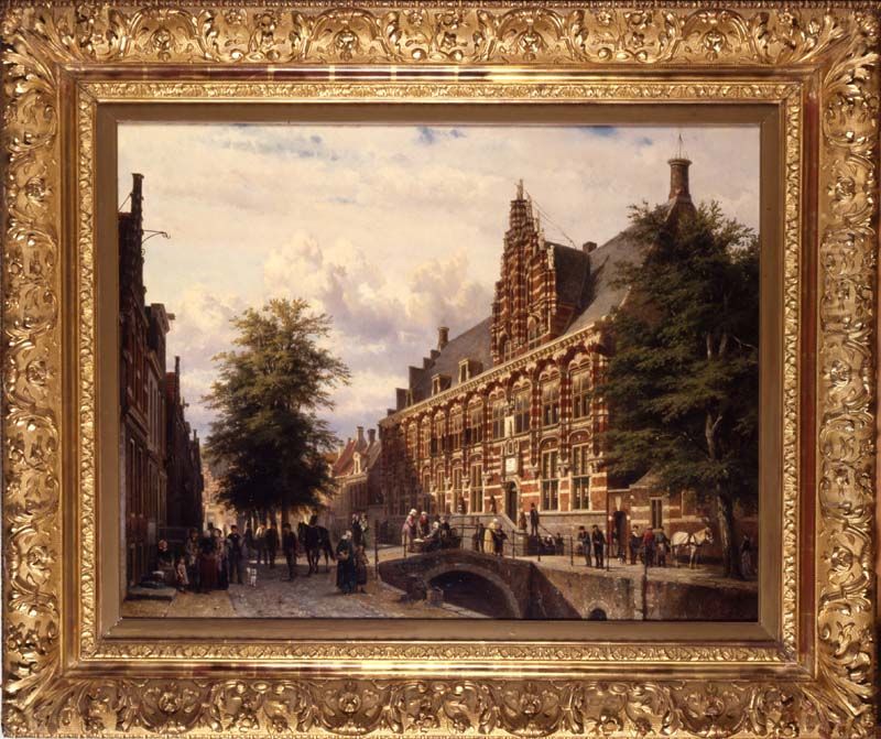 Gezicht langs Turfmarkt te Leeuwarden met rechts Kanselarij gebouw Oil Painting by Cornelis Springer