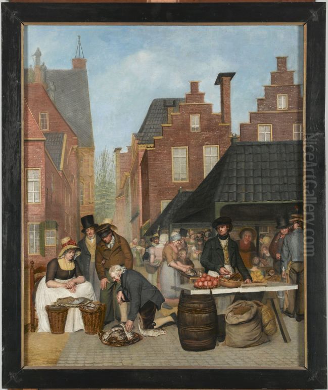 Gezicht op voormalige Vismarkt te Leeuwarden, met doorkijk op Koningsstraat Oil Painting by Willem Bartel Van Der Kooi