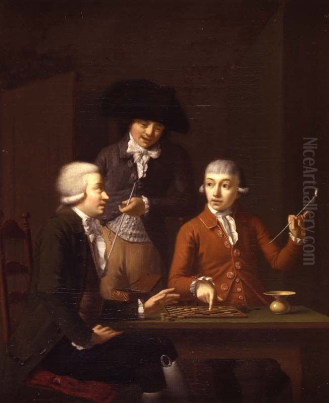 Een tafel waarom drie mannen, bij het damspel Oil Painting by Dirk Ploegsma