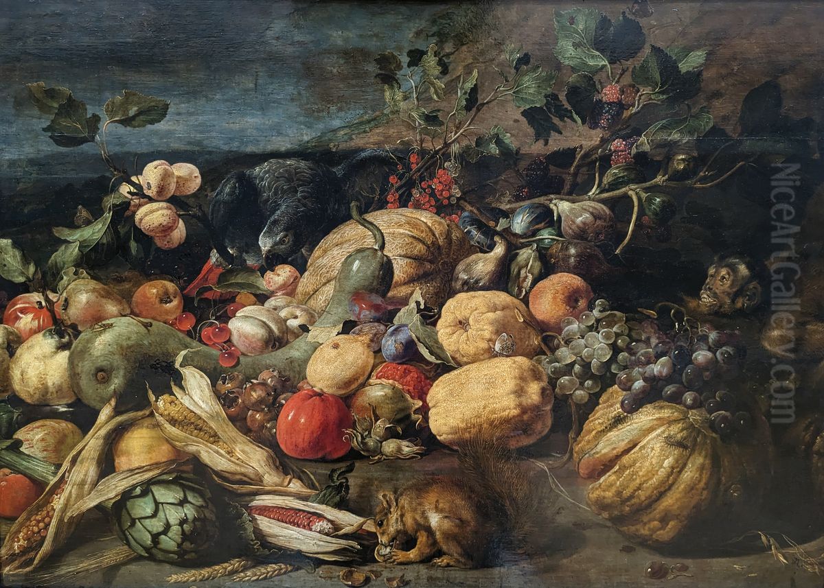 A still life with fruit, vegetables, a parrot, a squirrel and a monkey in a landscape Oil Painting by Frans Snyders