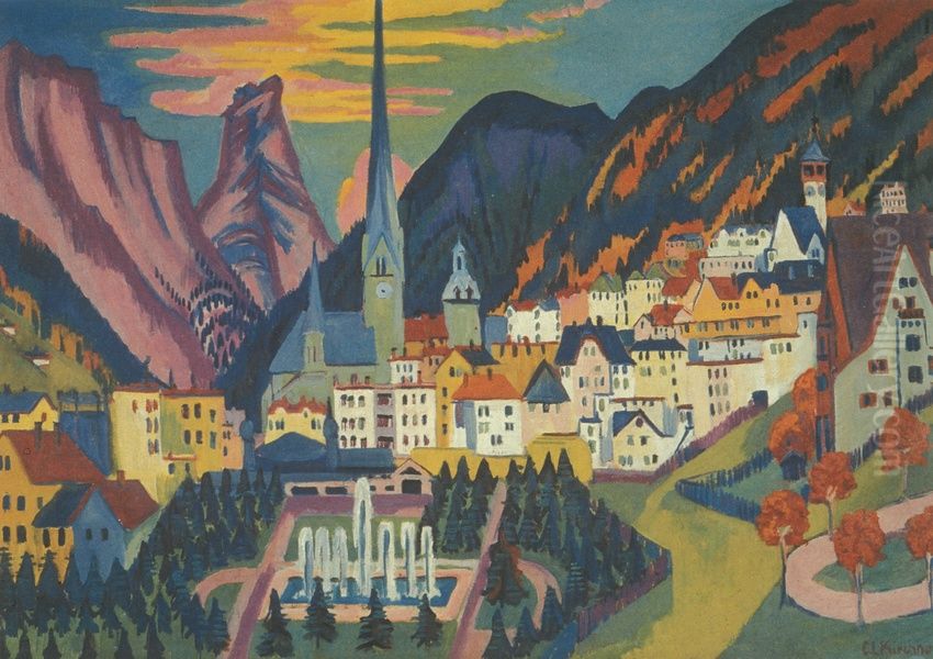 Davos mit Kirche; Davos im Sommer Oil Painting by Ernst Ludwig Kirchner