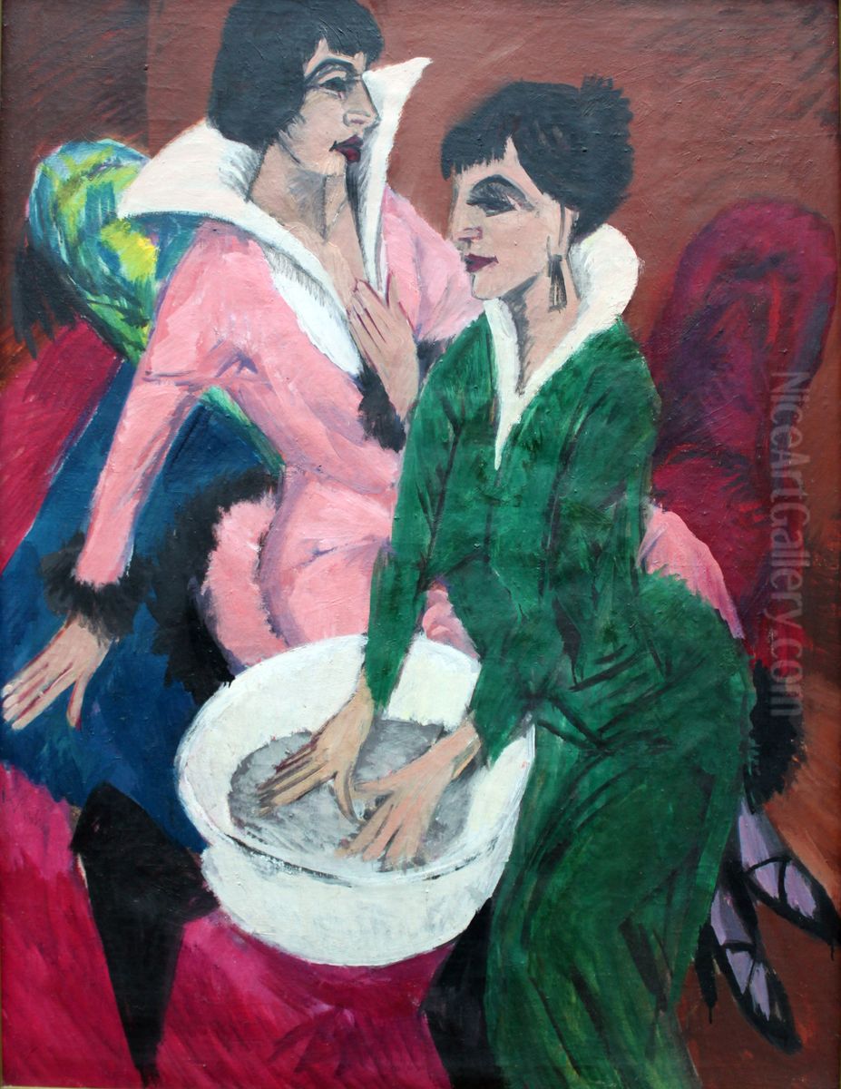 Two Women with a Washbasin; The Sisters Oil Painting by Ernst Ludwig Kirchner