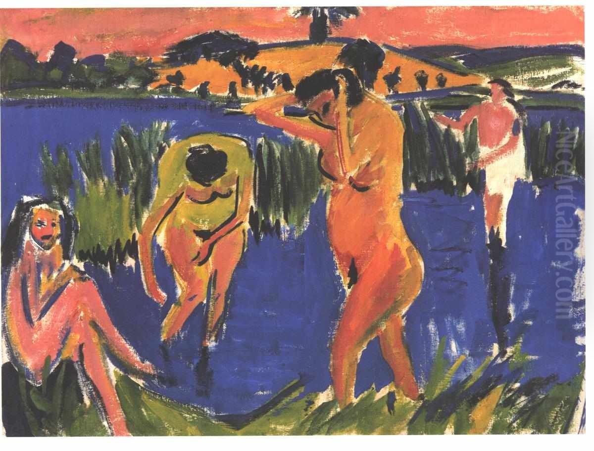 Vier Badende Oil Painting by Ernst Ludwig Kirchner