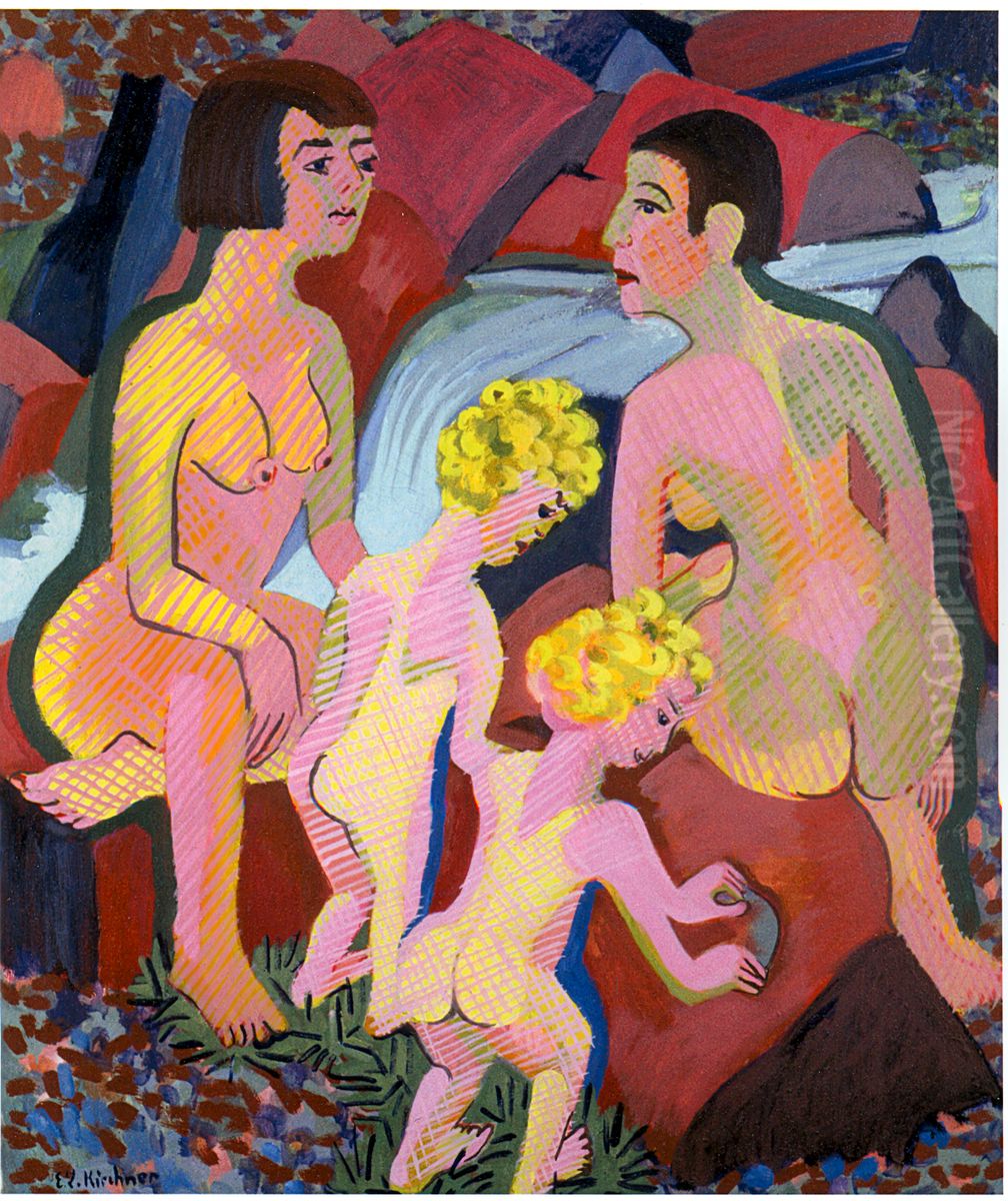 Bathing women and children Oil Painting by Ernst Ludwig Kirchner