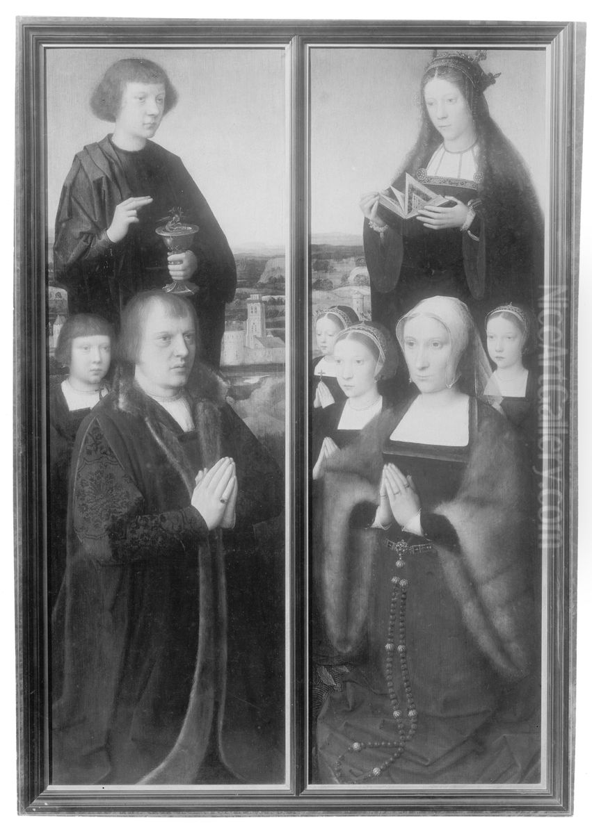 Wings of a polyptych with donors -Man with son and Saint, Woman with daughters and Saint Oil Painting by Adriaen Isenbrandt
